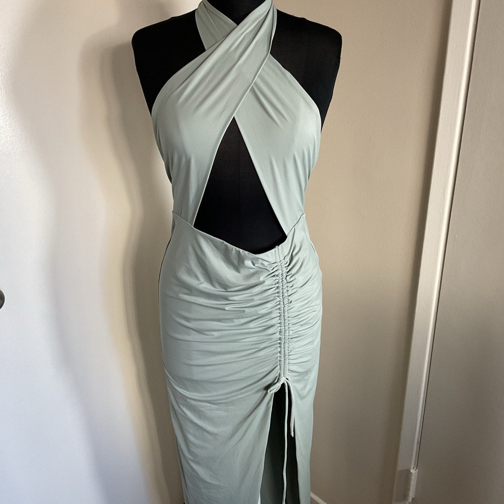 Babyboo Sage Green Cut-Out Halter Maxi Dress Ruched Slit Night Out Size L - Picture 4 of 9